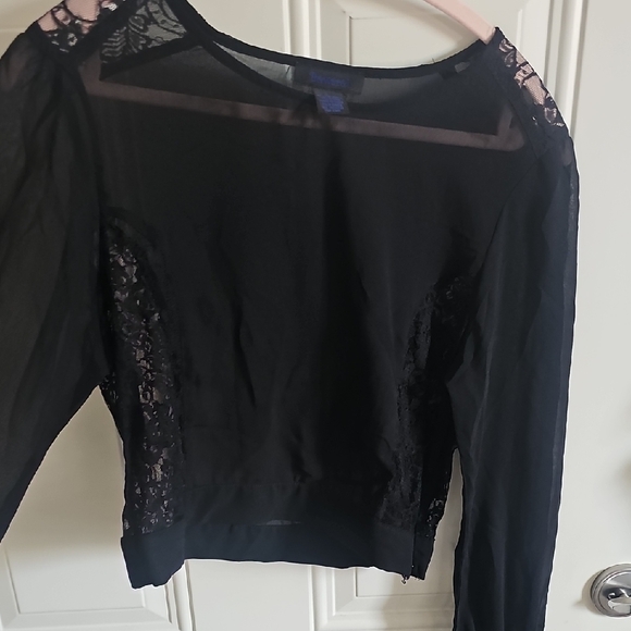 Black Lace-Yoke Long Sleeve Sheer Blouse - Picture 7 of 9